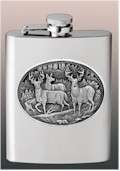 Whitetail Deer Stainless Steel Flask with Pewter Logo  
