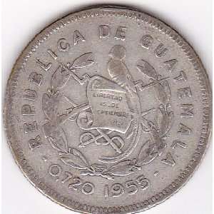  1955 Guatemala 25 Centavos Silver Coin 