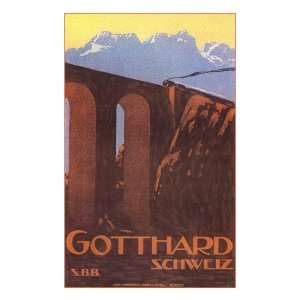  Train Going over Bridge in Gotthard, Switzerland Giclee 