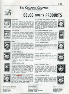 COLEMAN COMPANY Ad, Colco ASBESTOS Furnace Cement 1956  