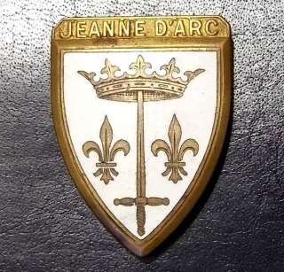 ANTIQUE FRENCH ENAMELED PIN JOAN OF ARC W/COAT OF ARMS  