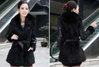 Long Black Sheepskin Real Leather Mink Fur Fox Fur Collar Women Coat 