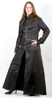 Womens Leather Full Length Goth Coat with Three Buckles   Black 