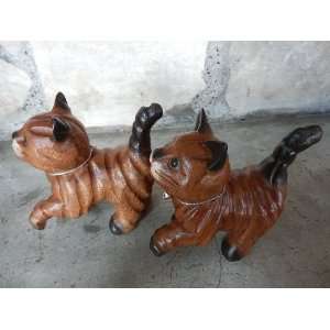  Thai Teak Wood Cat Teak Wood Carving Natural Handicraft 