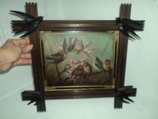  Victorian LOVEBIRDS Oil Painting w/ Carved BIRDS on FRAME   