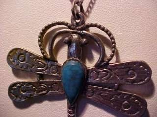 Heavy metal silvertone Dragonfly Necklace Blue Stone  