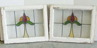 Pair of Antique Stained Glass Windows Nouveau Tulips  