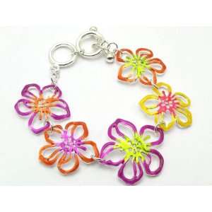    True Colorful Tropical Flower Linked Bracelet Silver Tone Jewelry