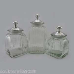 ASSORTED COLORS & JAR SHAPES 3PC GLASS CANISTER SET W/ 3 PEWTER SOLID 