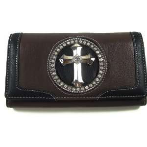  Ladies Trifold Faux Brown Leather Wallet with Black Trim 