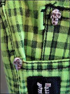 TRIPP NYC ☠ Lime Green Plaid SKINNY JEANS Pants GOTH SKULLS Zippers 