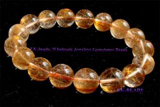Natural Gold Hair Rutile Quartz Bracelet Round Beads 12  