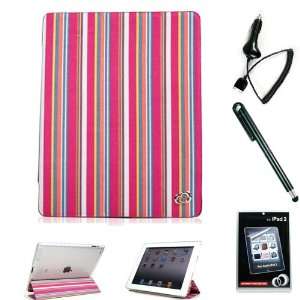 Magenta Tri PAD Canvas Case Stand for Apple iPad 2 + Black Car Charger 