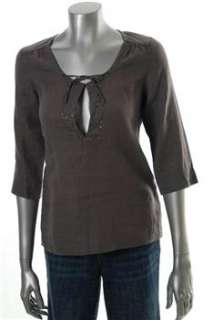 Eileen Fisher NEW Split Neck Petite Gray Linen Blouse Embellished Top 