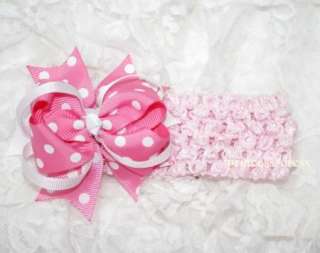 Baby Sweet Pink White Polka Dots Hair Bow Headband HD4  