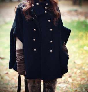 Womens Stand Collar Double Breasted Short Trench Cape Wool Thick Coat 