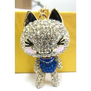 Purse Charm Big Head Kitty Cat with Moveable Legs and Arms Crystal Key 