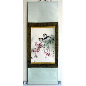   Chinese Watercolor Painting Scroll Flower Bird 