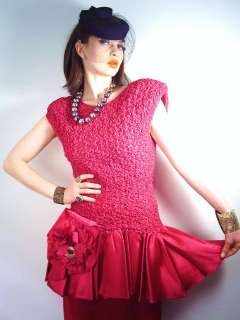 vntg 80s PIN UP hot PINK CRINKLE DOLLY dress sm  