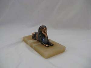 Egyptian Copper Sphinx Statue On Alabaster 2.5 High  