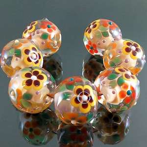   handmade lampwork 7 glass beads flower blossom gardenGOLD TIMESRA