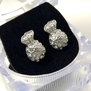 Bling Bling Money Bags Stud Earrings with Crystals Silver Tone in Ice 