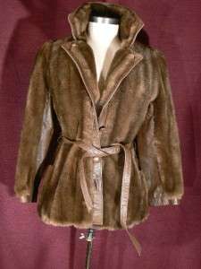 VINTAGE LILLI ANN BROWN FAUX FUR AND LEATHER BELTED JACKET COAT LONDON 
