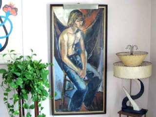   1960s Framed Acrylic Painting Teen Boy in Denim Jeans Portrait  