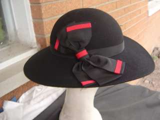 VTG Chic Black Red Wide Brim Wool Hat Big Bow  
