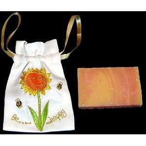 Gift Bag and Soap in a Be Happy Design. Beautifully embroidered gift 