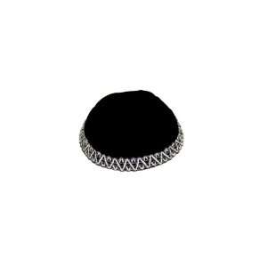   Velvet Kippah with Embroidered Silver Zigzag Pattern 