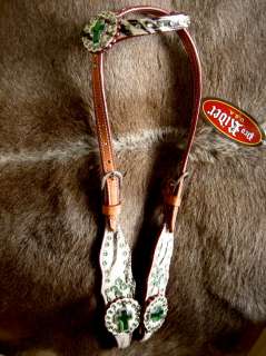 HORSE BRIDLE WESTERN LEATHER HEADSTALL TACK LIME GREEN CROSS TACK 