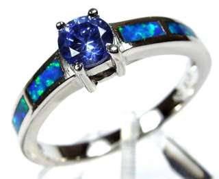 Tanzanite and Blue Fire Opal Inlay 925 Sterling Silver Solitaire Ring 