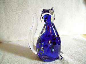   Art Glass Millefiori Clear~Blue Glass Cat (Sticker Marked)  