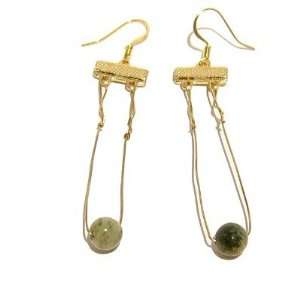  Moss Agate Earrings 04 Gold Wire Green Orb Clear Crystal 