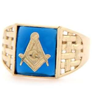  10K Solid Gold Synthetic Sapphire Masonic Mens Ring 