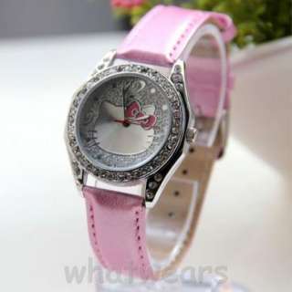 Bowknot Design Womens Lady Kids Sweet Pink Crystal Watch K059  