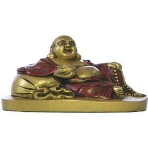 Happy Buddha Statue, Mini Reclining, Gold & Red 