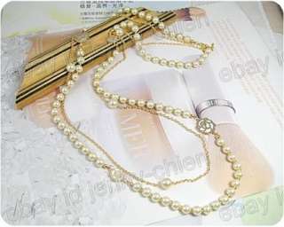 Korea Women Brightly Charm Shell & Rose 2 layer Long Pearl Necklace 