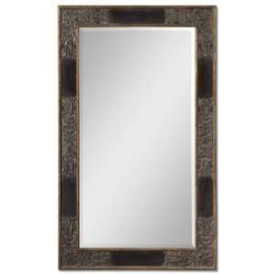   Wall Mounted Mirror Heavily Antiqued Gold Leaf w/ Dark Mahogany Detail