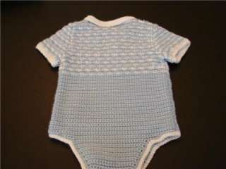   CROCHETED BLUE BABY BOY DOLL ONESIE ONE PIECE OUTFIT BOOTIES 6 MOS