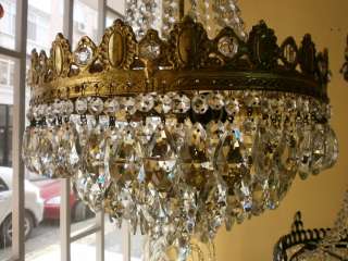 Antique french basket crystal chandelier lamp 1940s  