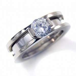  Stainless Steel 6mm CZ Wedding Engagement Double Ring 