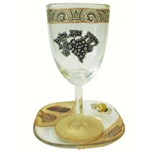  Lily Art Glass Appliqued Kiddush Cup and Matching Coaster 