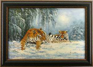 Winter Jungle Tigers Lay Snow Art FRAMED OIL PAINTING  