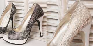 Womens Beige Shiny Snake Print Open Toe Platform High Heel Pumps Shoes 