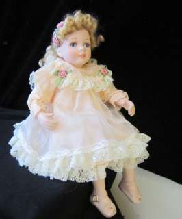 sitting doll baby piano porcelain Pink Roses lace dress great NEW cond 
