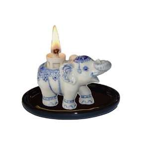  ELEPHANT White/Blue OIL LAMP w/Wick on BLACK TRAY Figurine 