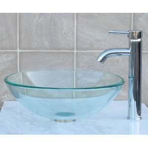   Tempered Natural Clear Glass Vessel Sink+chrome Faucet and drain/ ring