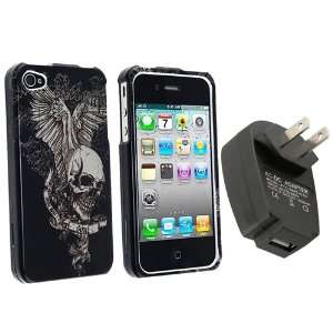  Skull Wing Snap on Case + USB Travel Charger Adapter Black 
